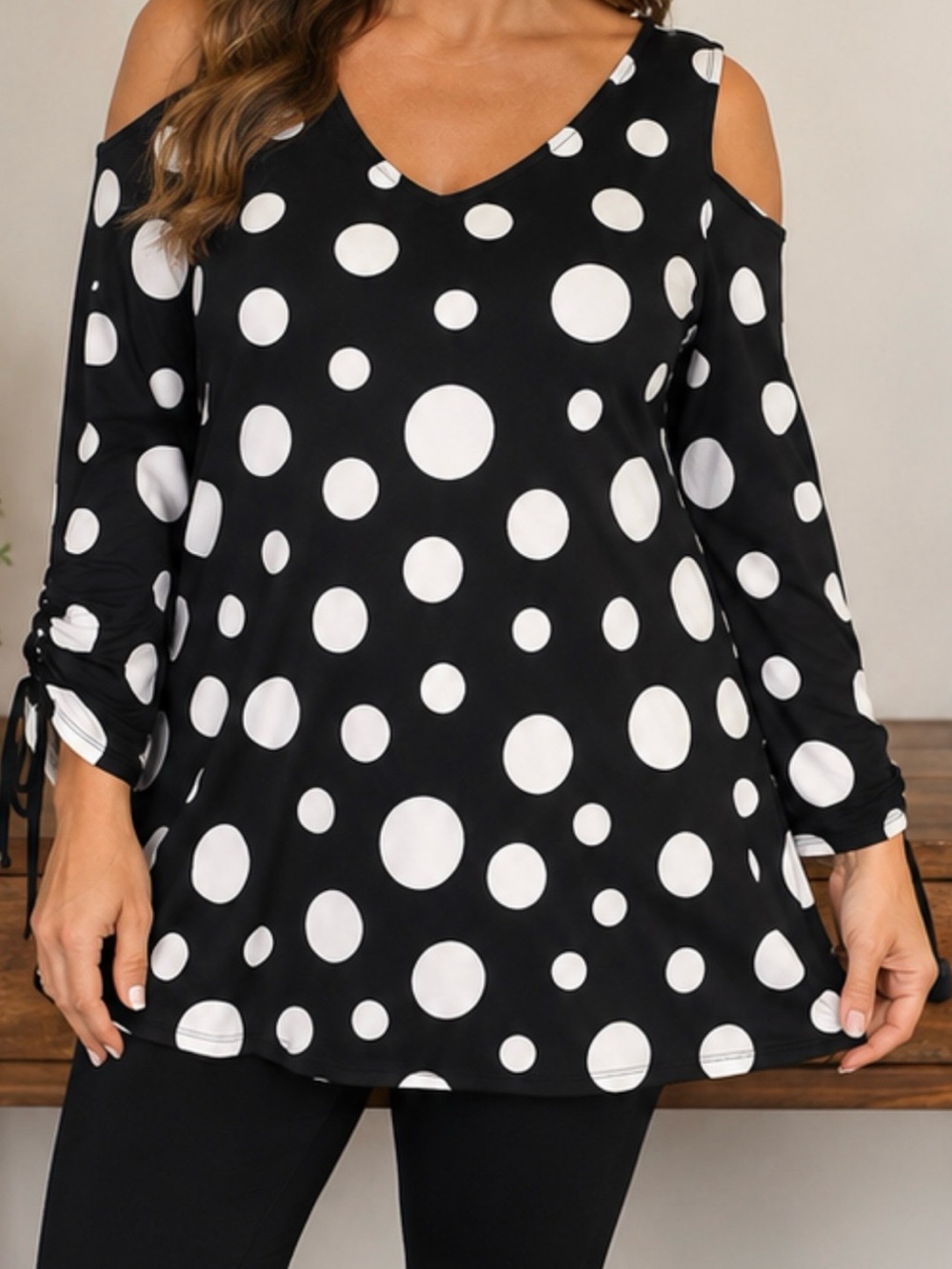 Cold-Shoulder Tunic Top with Polka Dots - Picture 5 of 9